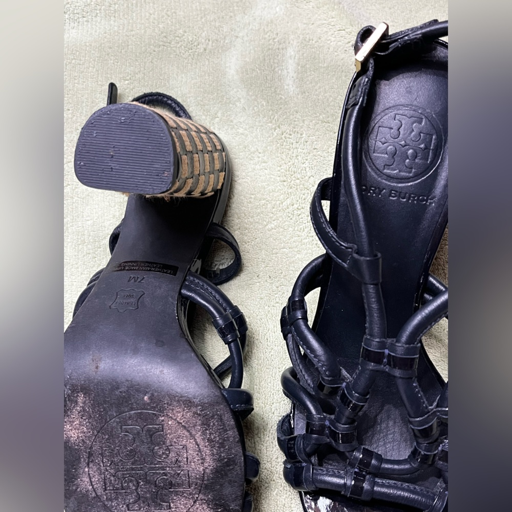 Tory Burch Black and Tan Strappy Block Heels - Picture 6 of 15